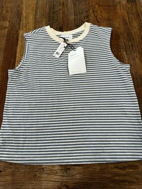 Current/Elliott Blue and White Striped Sleeveless Tank with Cream Trim